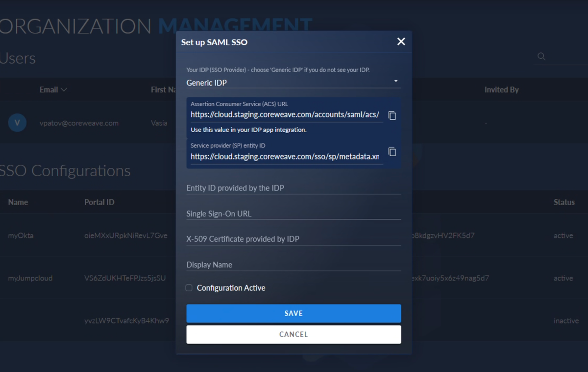 The SAML SSO Setup modal